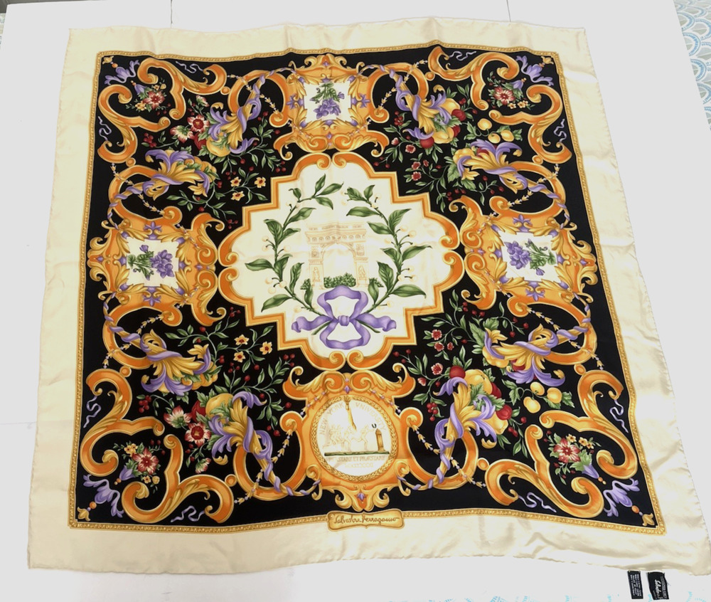 SALVATORE FERRAGAMO 100% SILK NYU SCARF LIMITED EDITION 1996, VIBRANT COLORS, EC